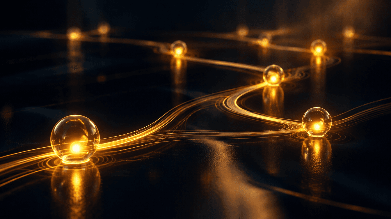 Warm golden threads of light guiding a guest journey between glowing points over dark glass