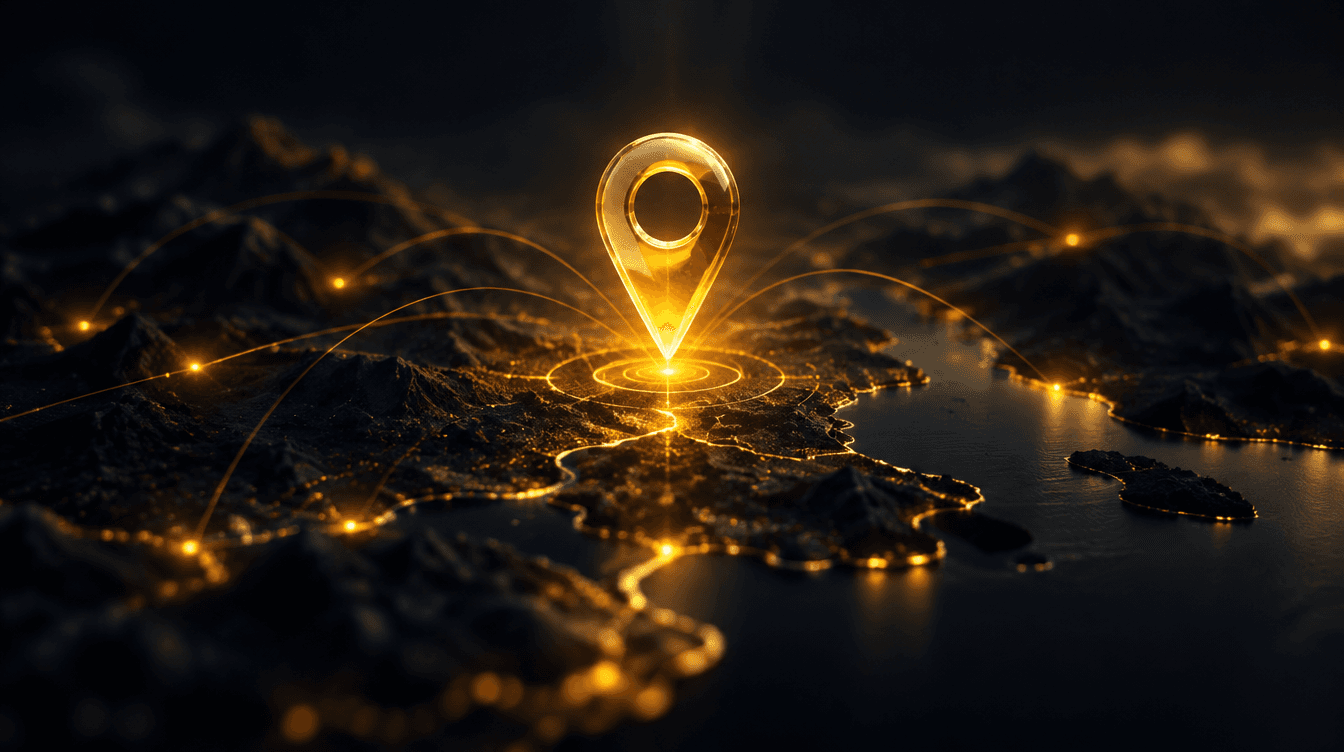 A warm gold location marker glowing over a dark, softly stylized map