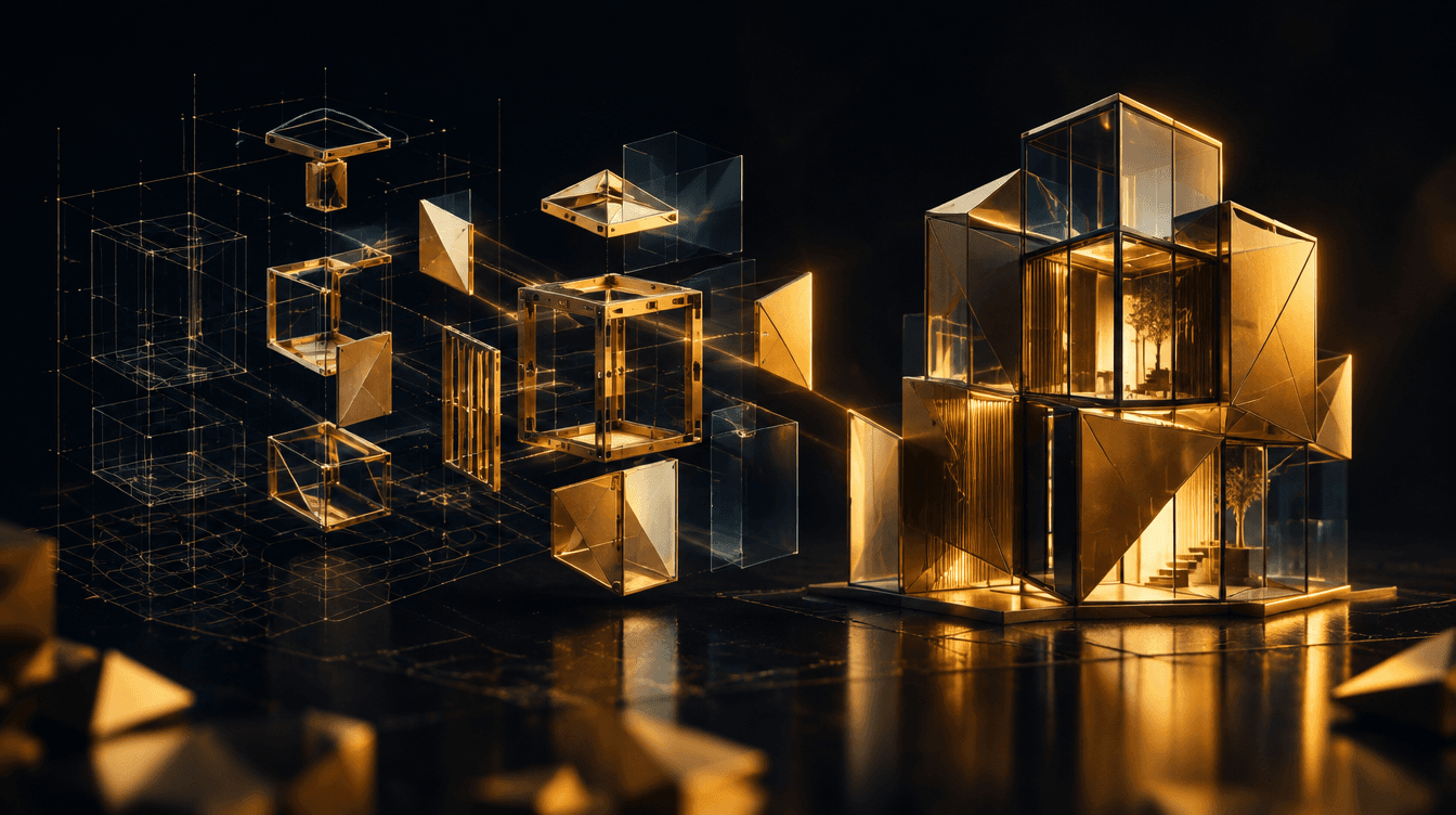 Interlocking gold modules assembling into a bespoke structure from blueprint to solid