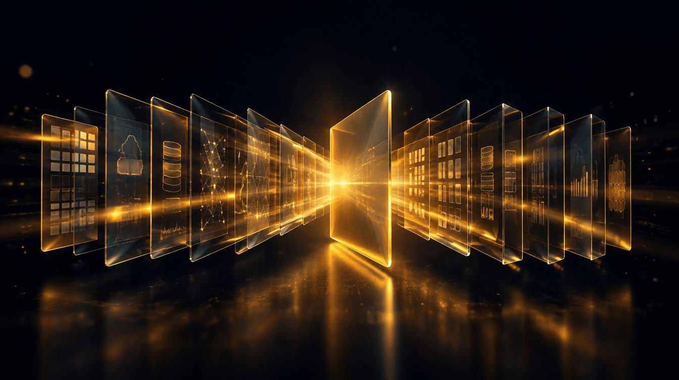 Translucent glass planes converging into one gold-lit operating system in dark space